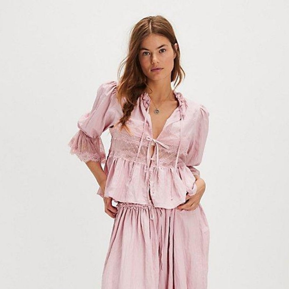 Free People Pink Lace Trim Blouse